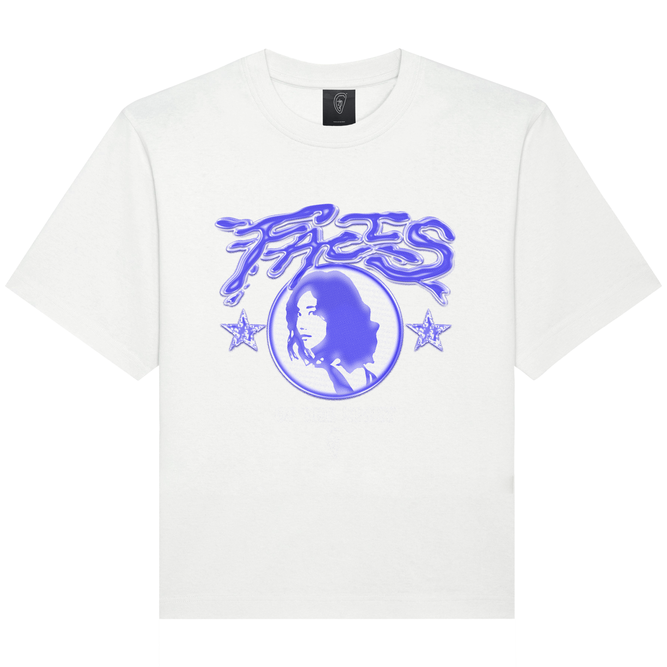 Off White T-shirt with Faces Lapis graphic print.