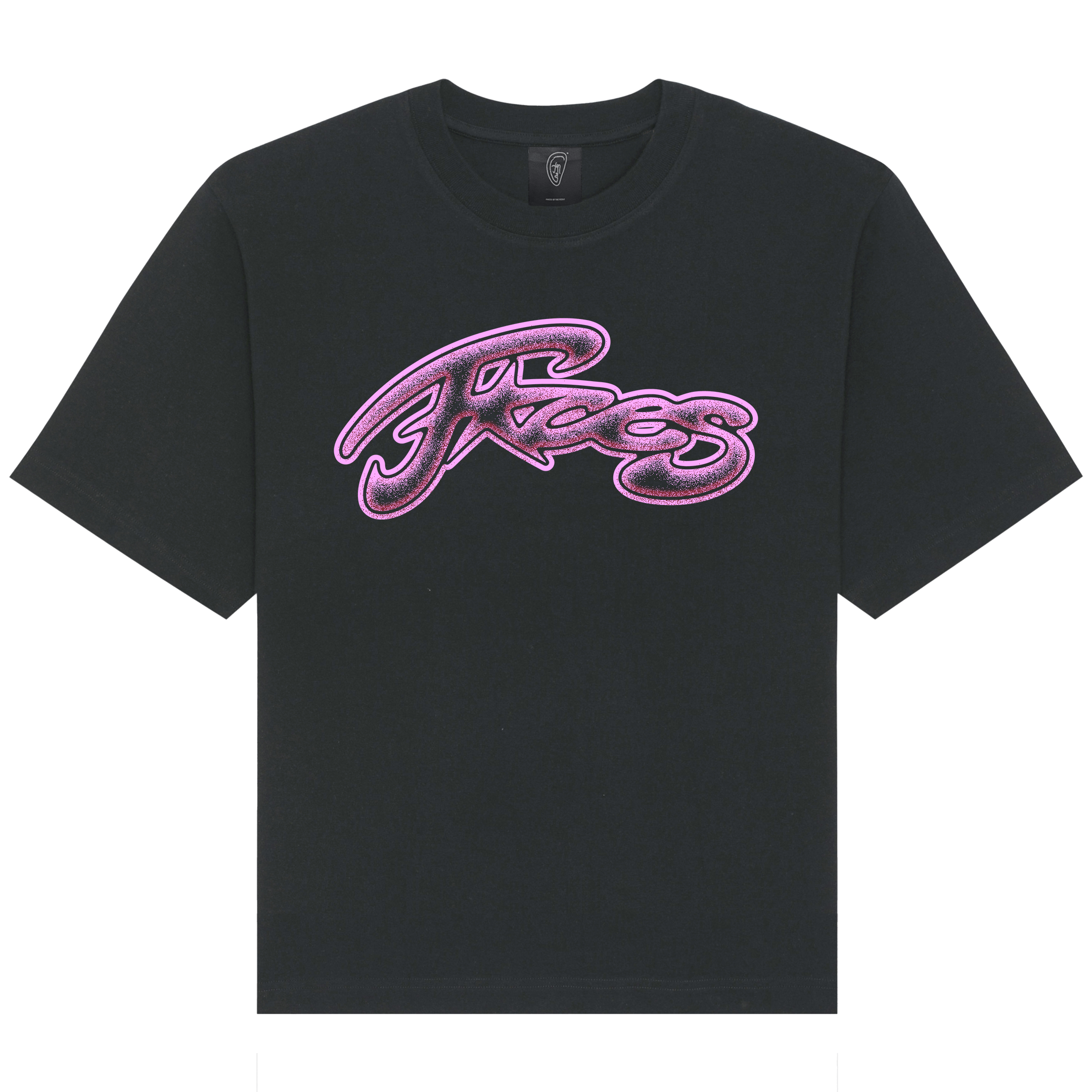 Black T-shirt with a bold, glittery airbrush-style “FACES” logo in purple and white across the chest.