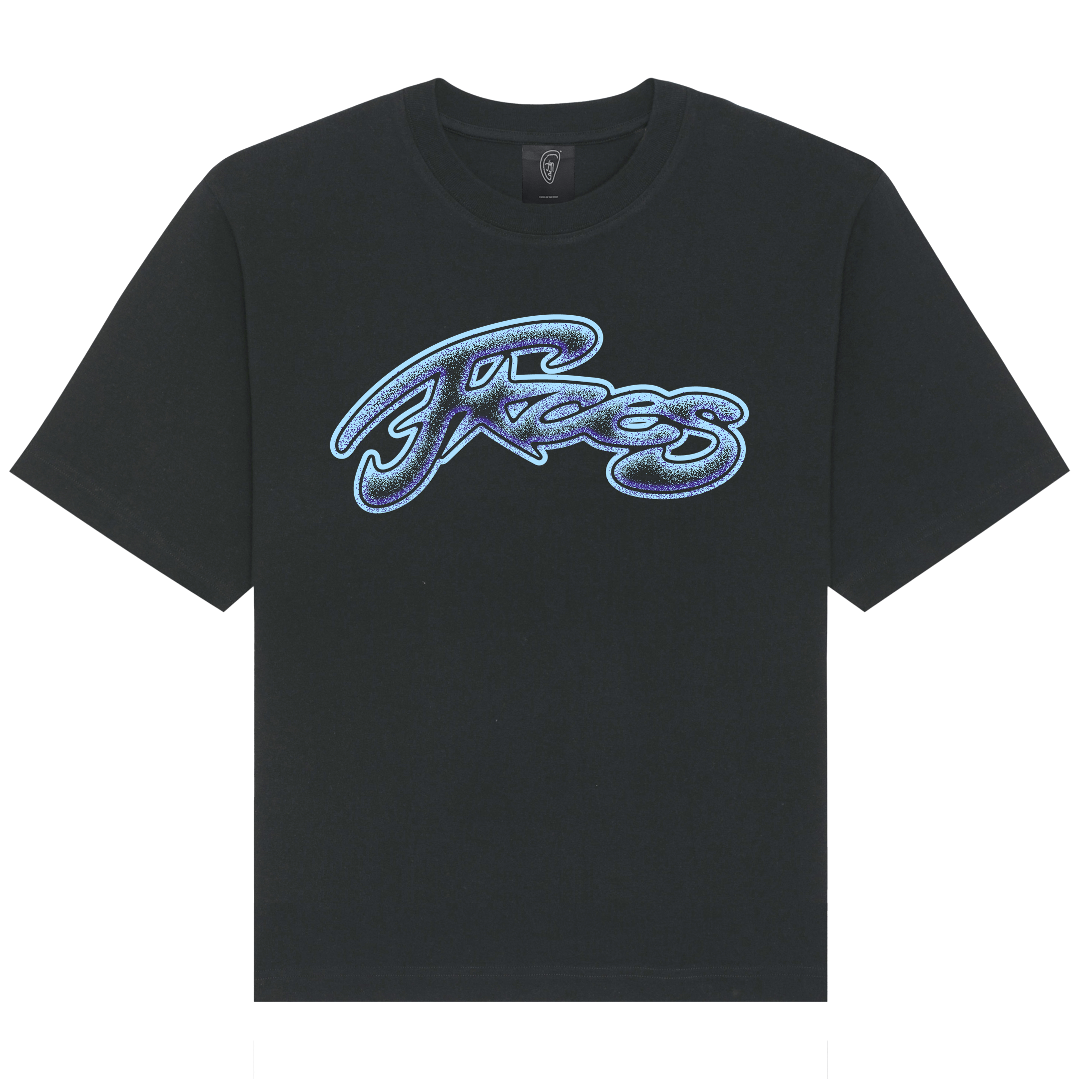 Black T-shirt with a bold, glittery airbrush-style “FACES” logo in blue and white across the chest.