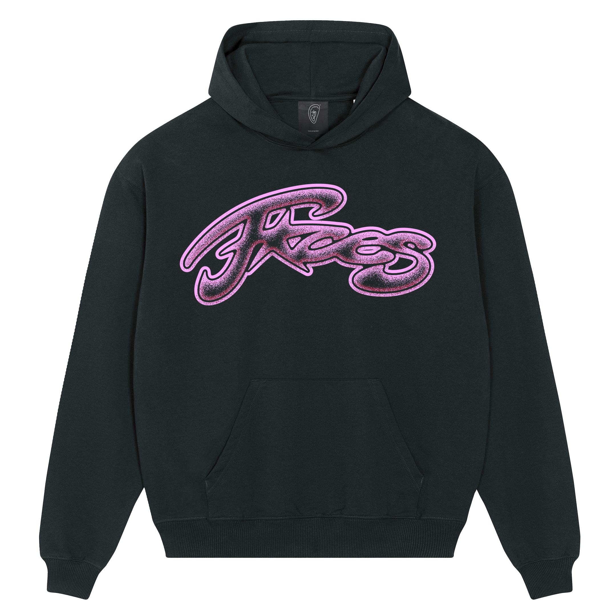 Black hoodie featuring a large glittery airbrush-style “FACES” graphic in purple and white tones across the chest.
