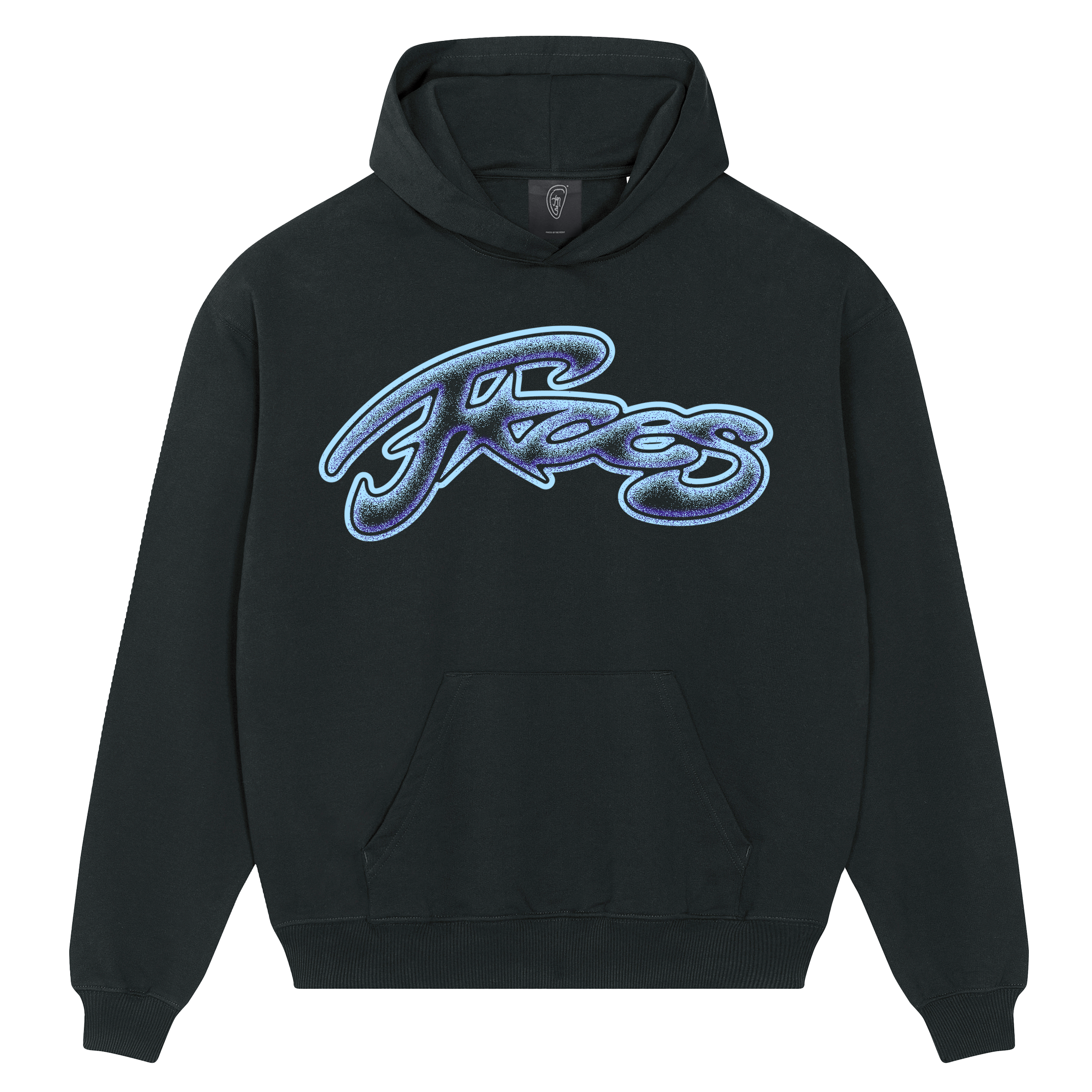 Black hoodie featuring a large glittery airbrush-style “FACES” graphic in blue and white tones across the chest.