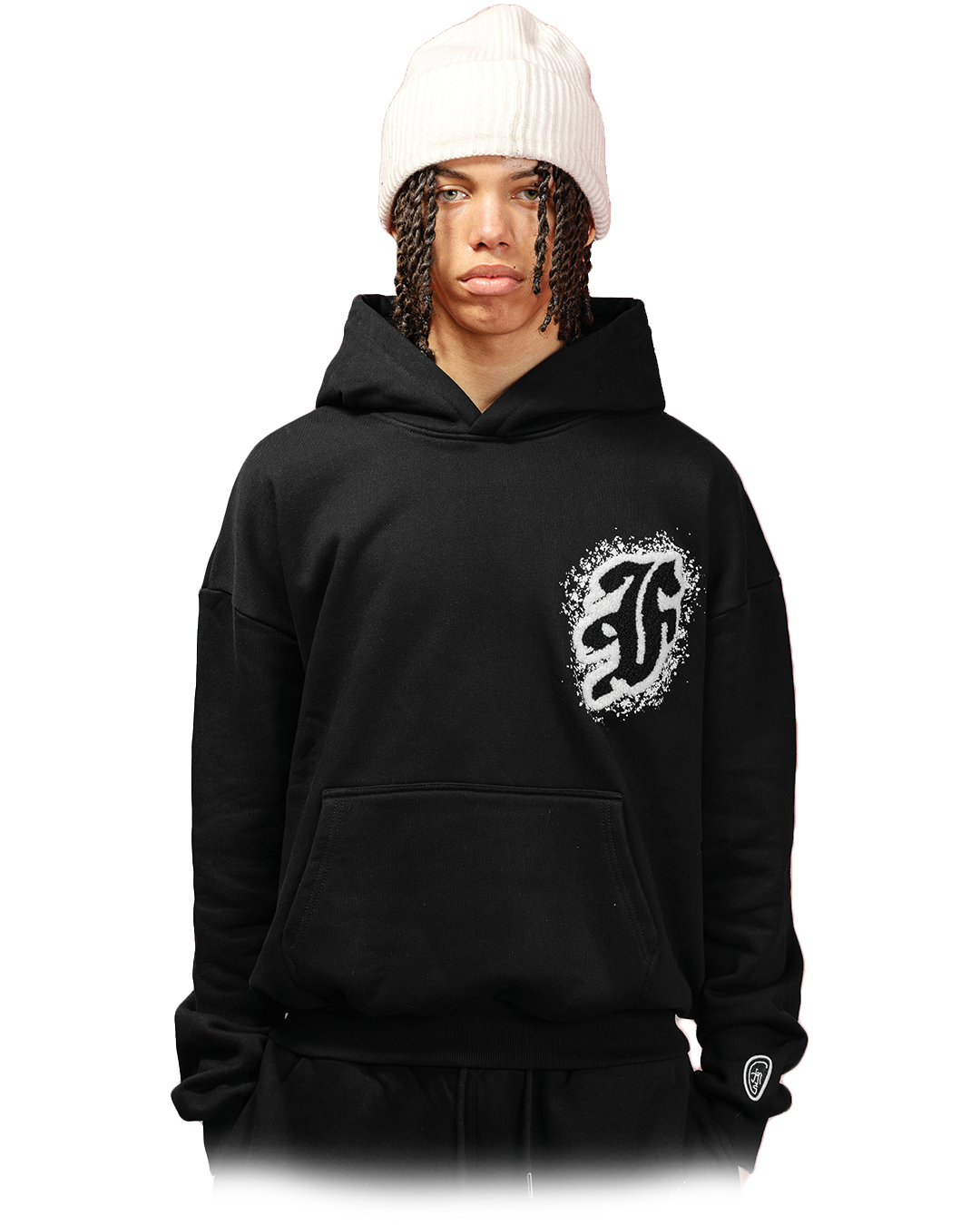 Black hoodie featuring a bold black gothic “F” logo on the chest, surrounded by a distressed white print effect.