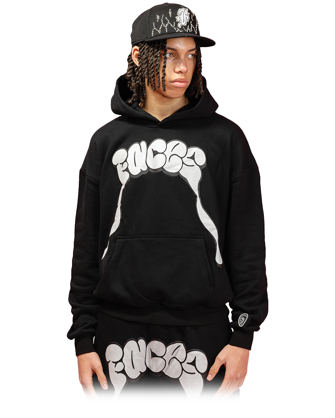Black hoodie with oversized white “FACES” graphic on the chest in bubble-style letters with dripping extensions.