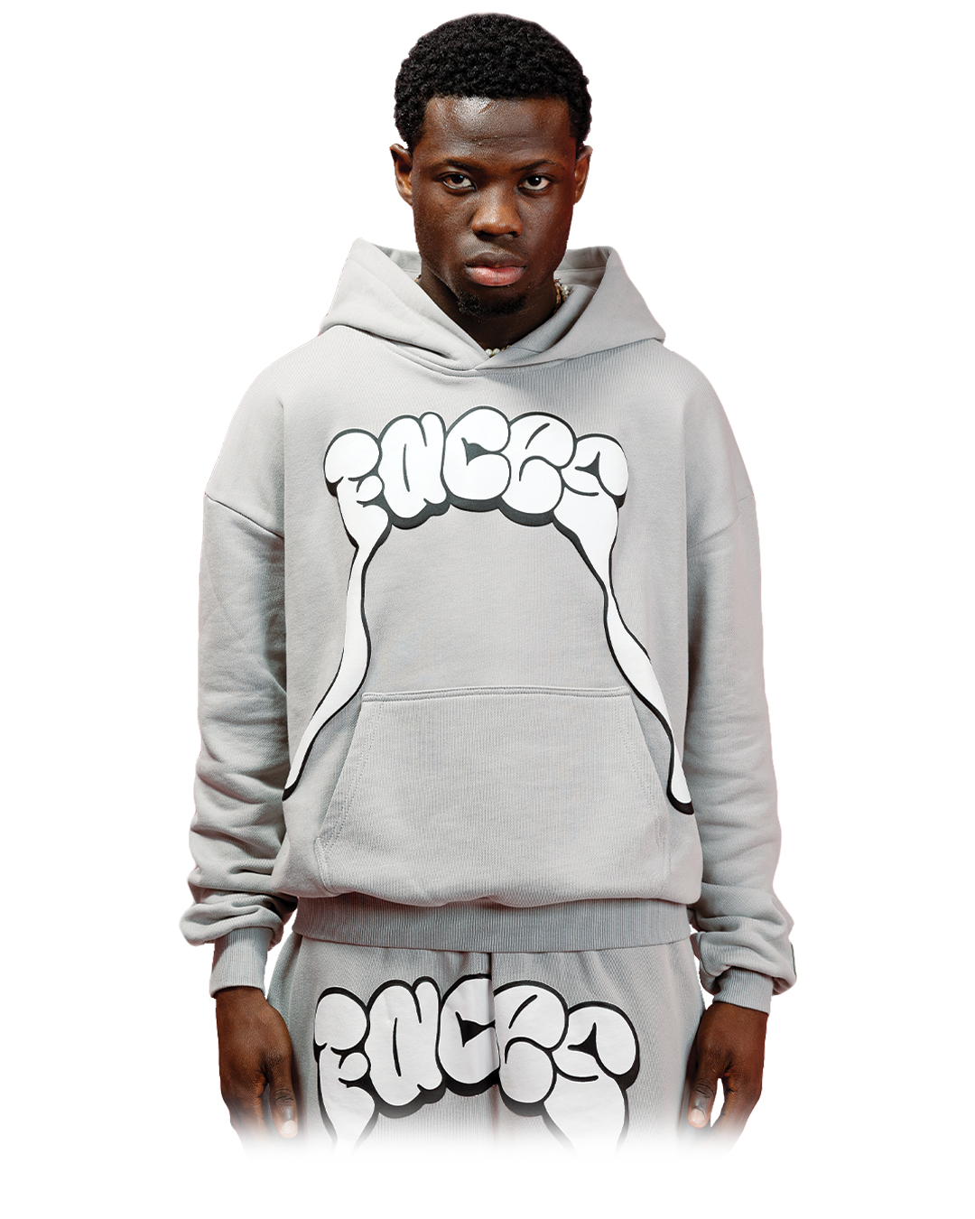 Grey hoodie with oversized white “FACES” graphic on the chest in bubble-style letters with dripping extensions.