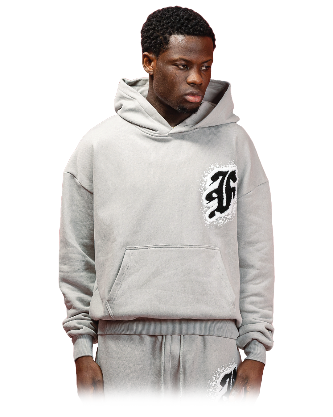 Light grey hoodie featuring a bold black gothic “F” logo on the chest, surrounded by a distressed white print effect.