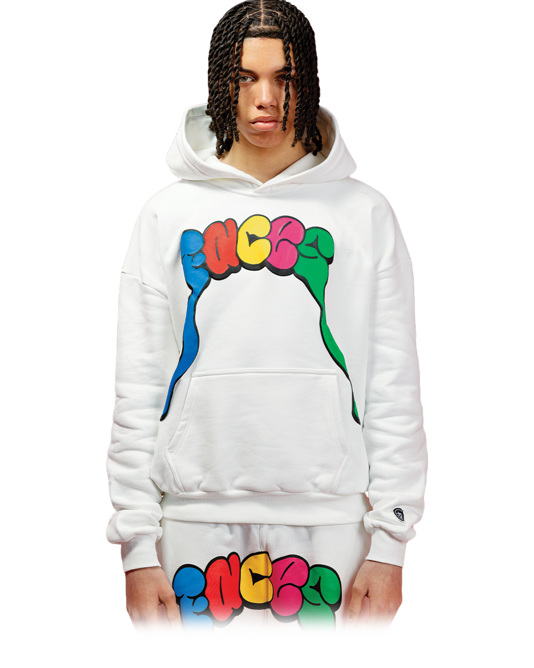 Off White hoodie with oversized white “FACES” graphic on the chest in bubble-style letters with dripping extensions.