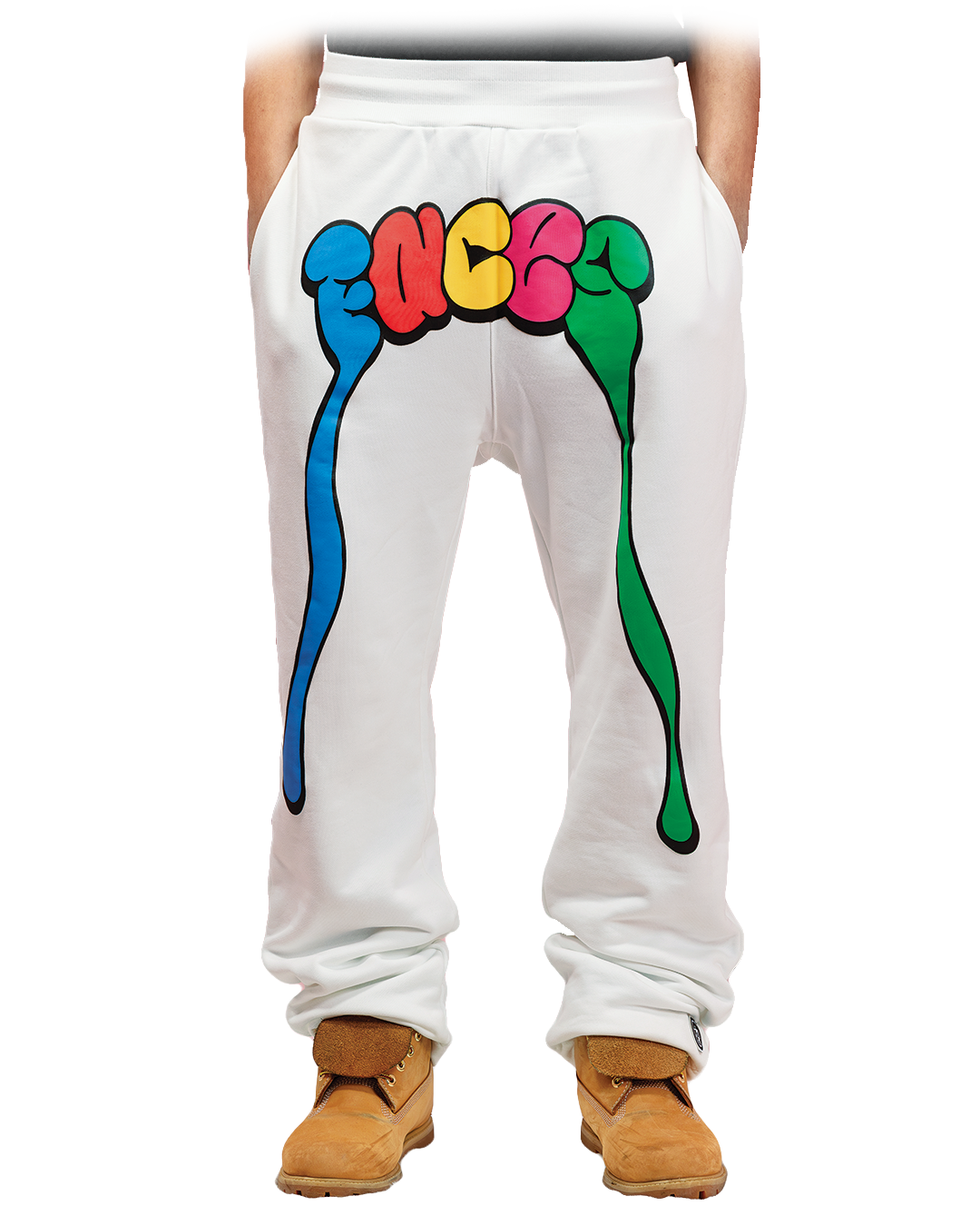 Off White sweatpants with oversized Multicolor graphic spelling “FACES” across the waist and dripping extensions down the legs.