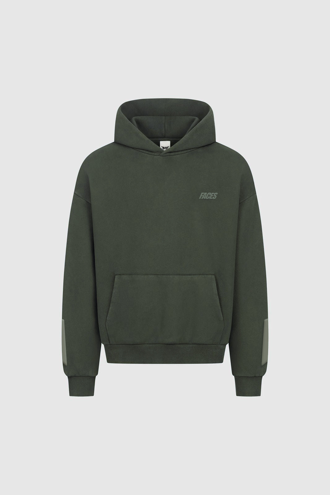 Military Green hoodie with subtle FACES logo on chest, oversized fit, front view