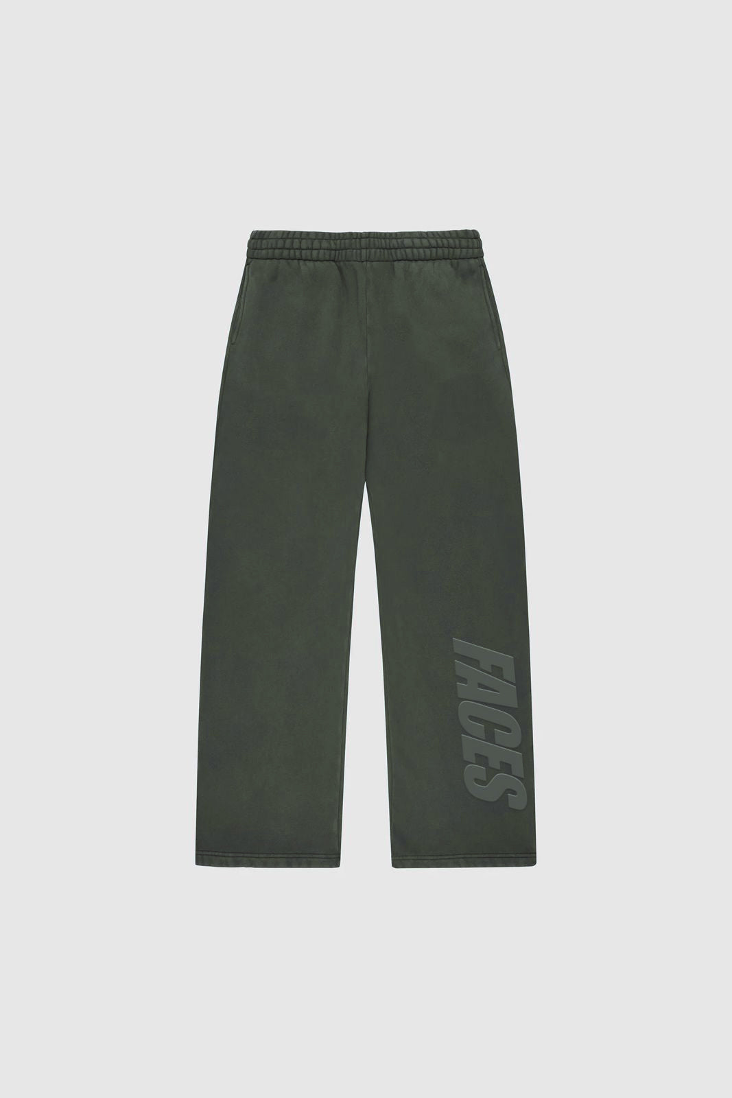 Military green sweatpants with vertical FACES logo on leg, front view