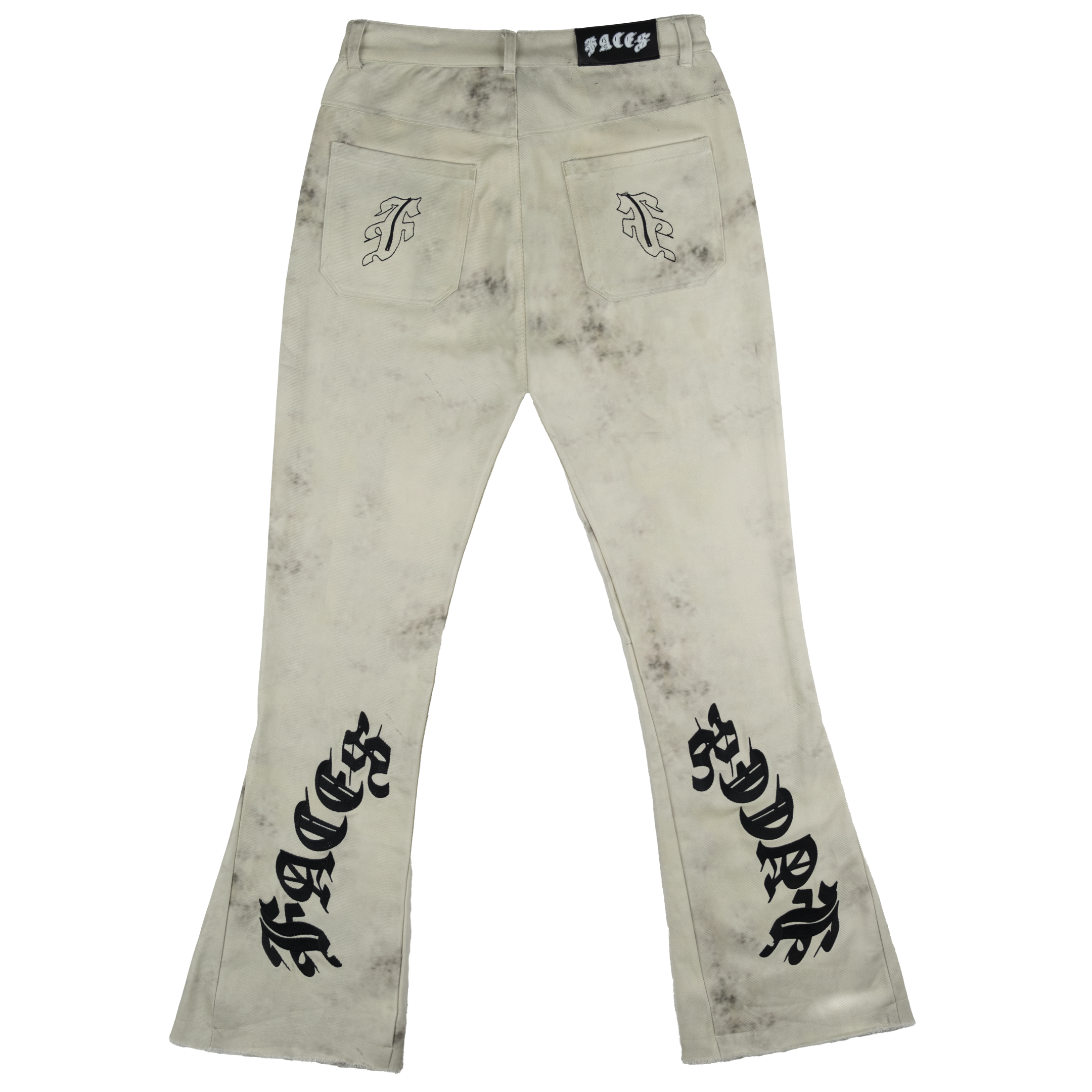 Acid-washed beige flared pants with gothic “FACES” prints on the lower legs and embroidered gothic “F” logos on the back pockets.