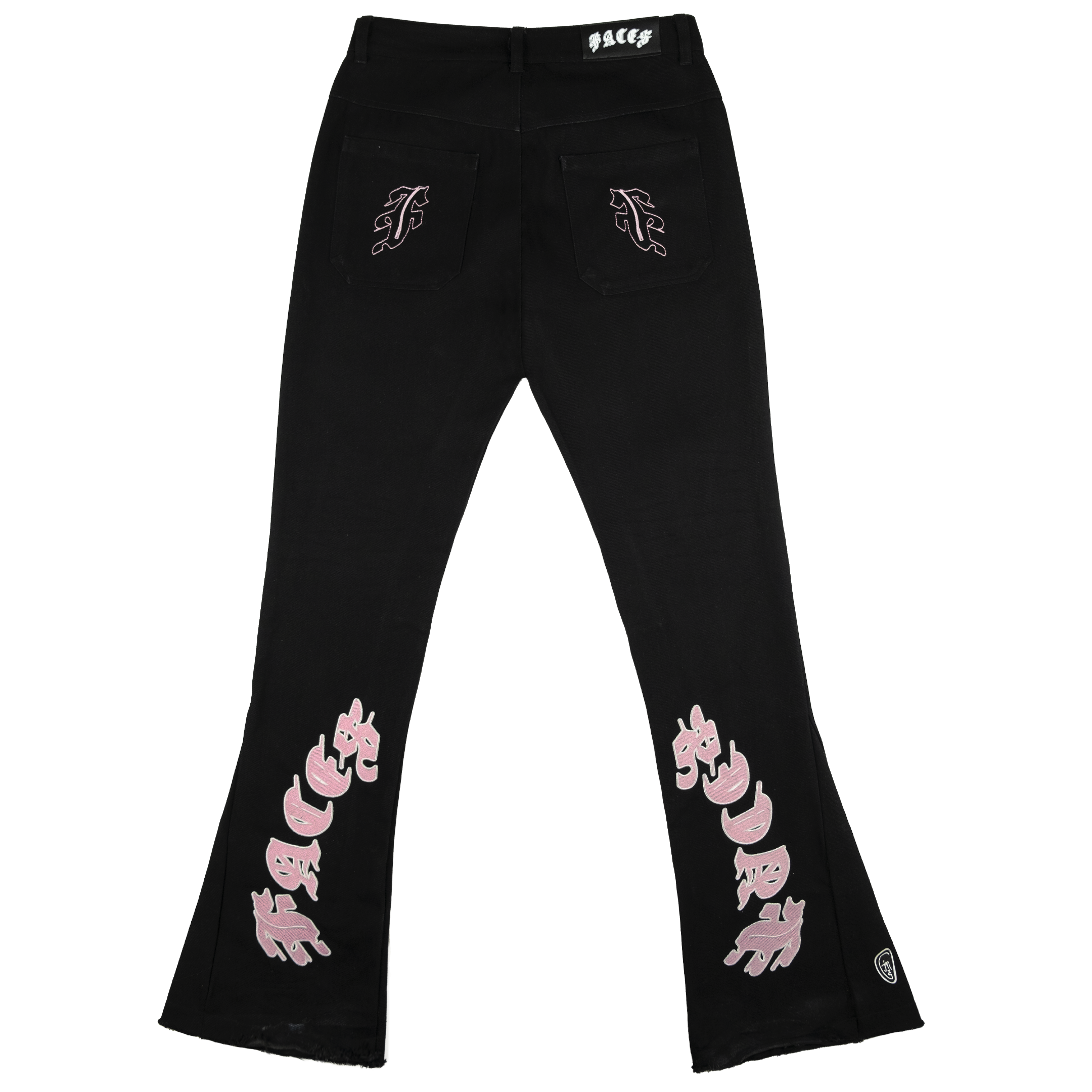 black flared pants with gothic “FACES” prints on the lower legs and embroidered gothic “F” logos on the back pockets.