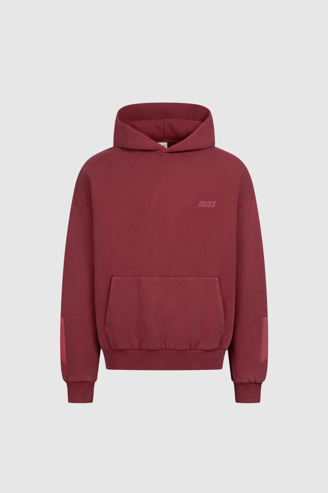Bordeaux hoodie with subtle FACES logo on chest, oversized fit, front view