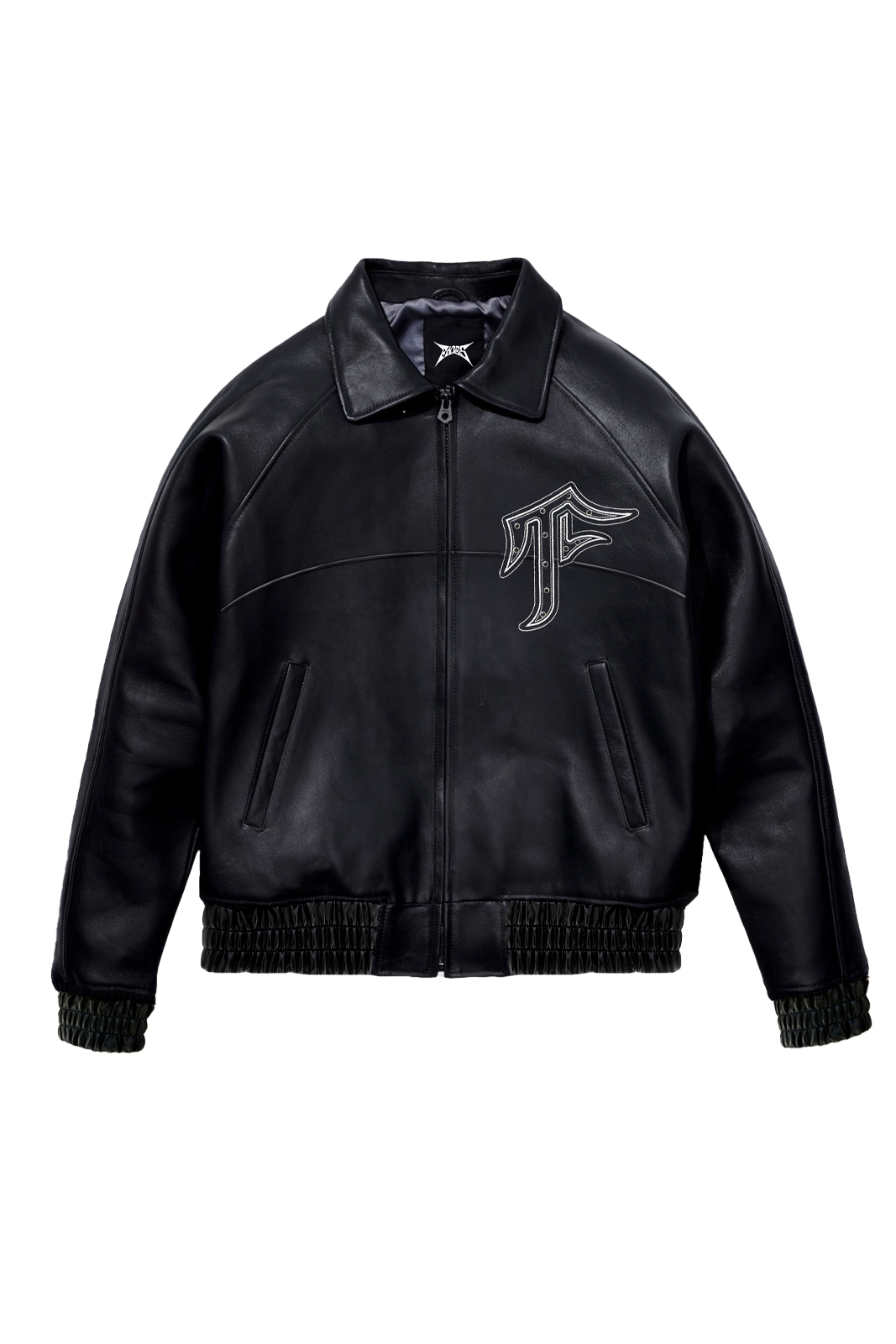Black Chandelier™ leather jacket with rhinestone F logo on chest, Oversized fit, front view