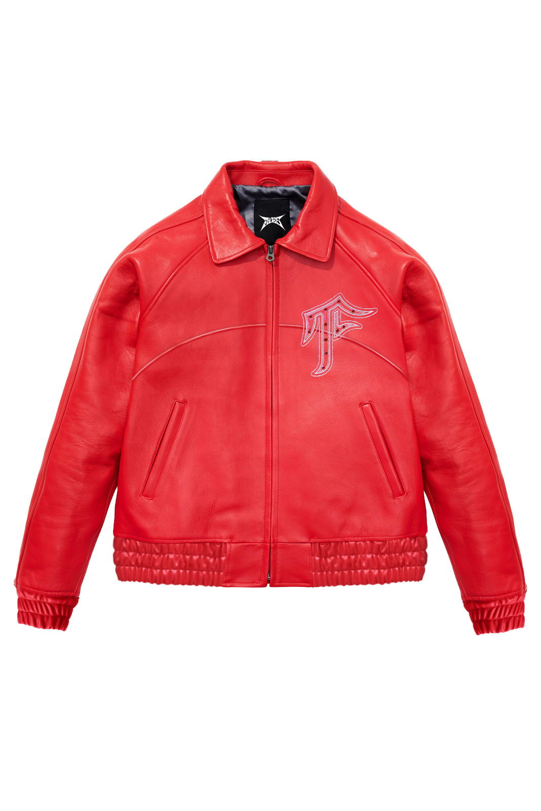 Red Chandelier™ leather jacket with rhinestone F logo on chest, oversized fit, front view