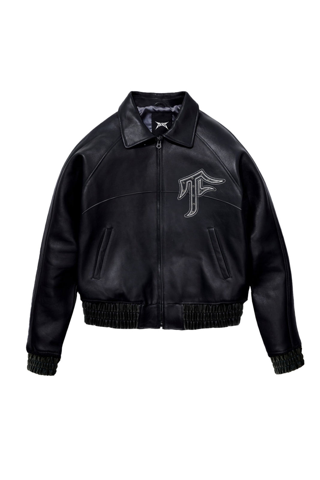 Black Chandelier™ leather jacket with rhinestone F logo on chest, Cropped fit, front view
