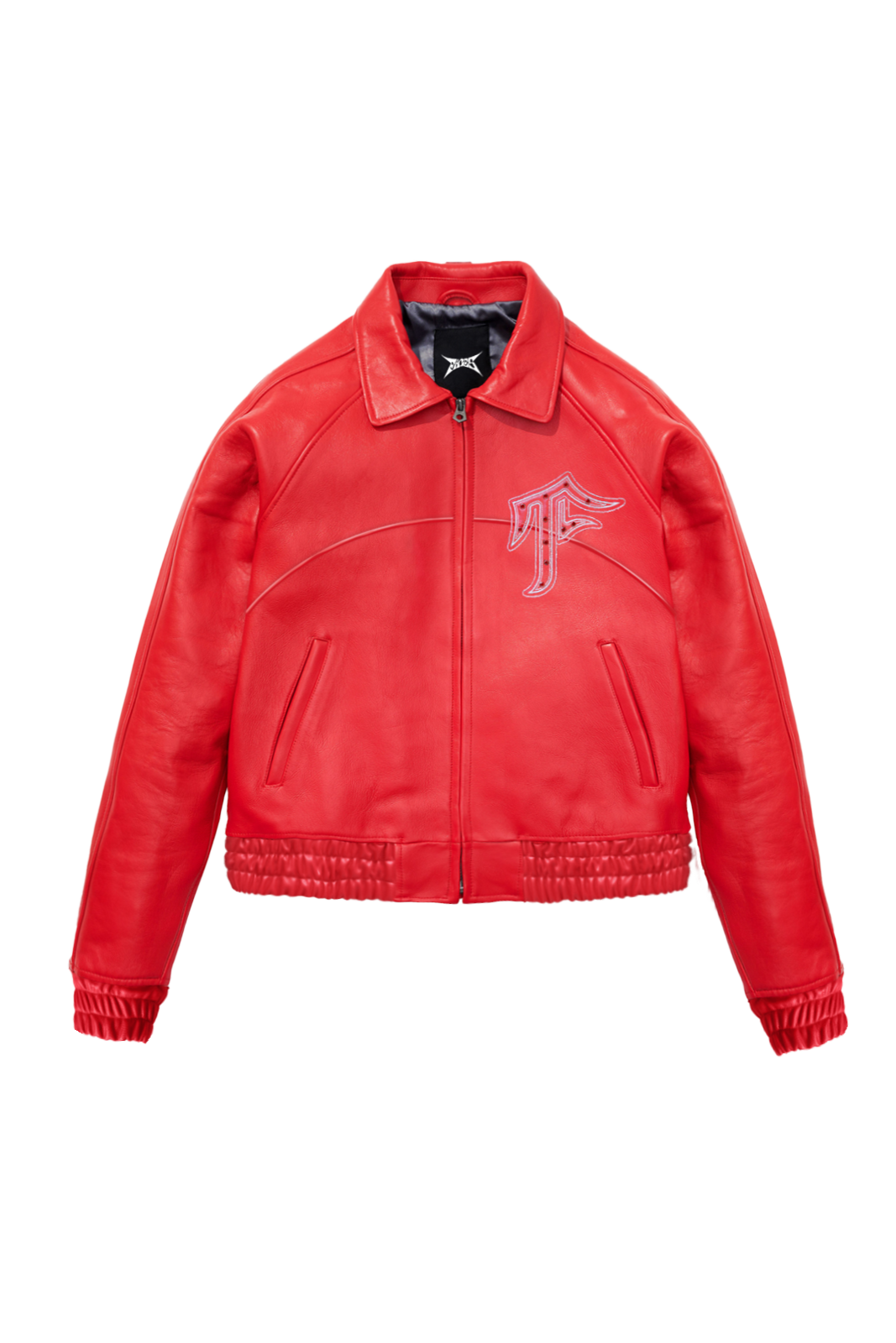 Red Chandelier™ leather jacket with rhinestone F logo on chest, cropped fit, front view
