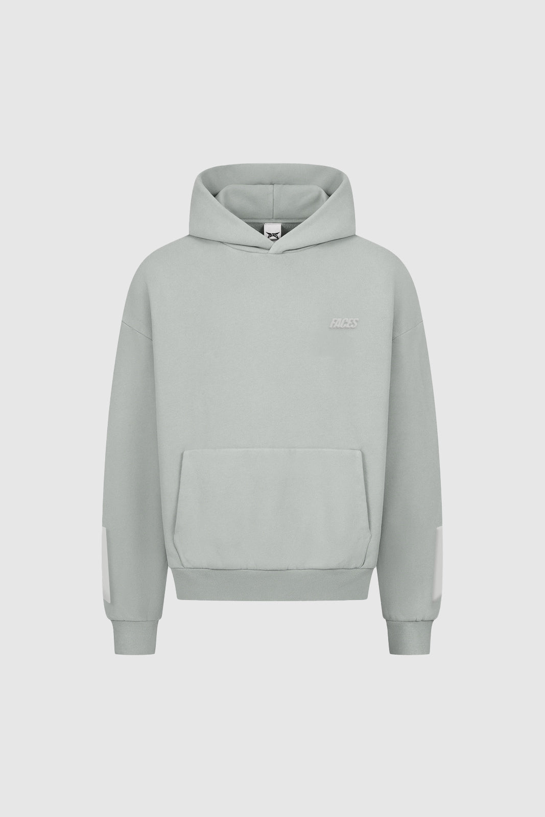 Grey hoodie with subtle FACES logo on chest, oversized fit, front view