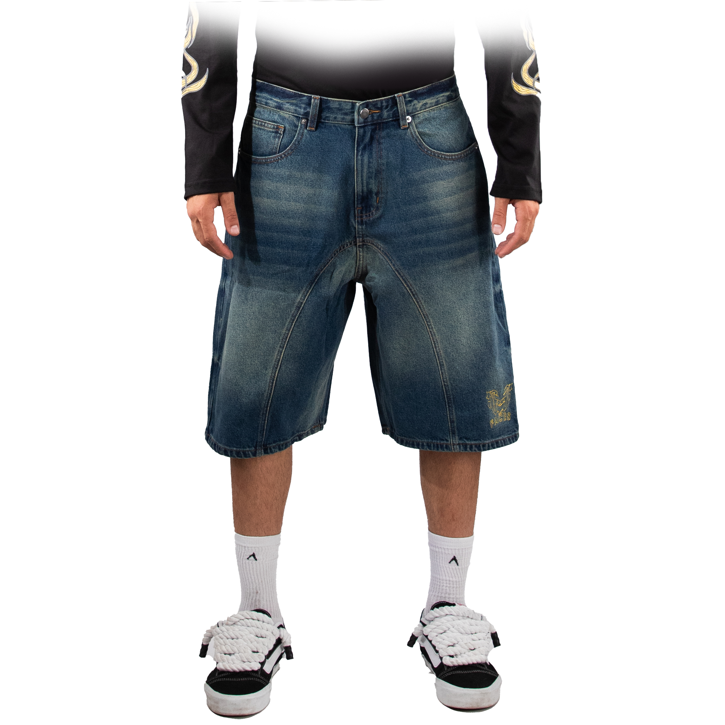 Baggy denim shorts with curved faded wash details and embroidered FACES logo on the left leg.