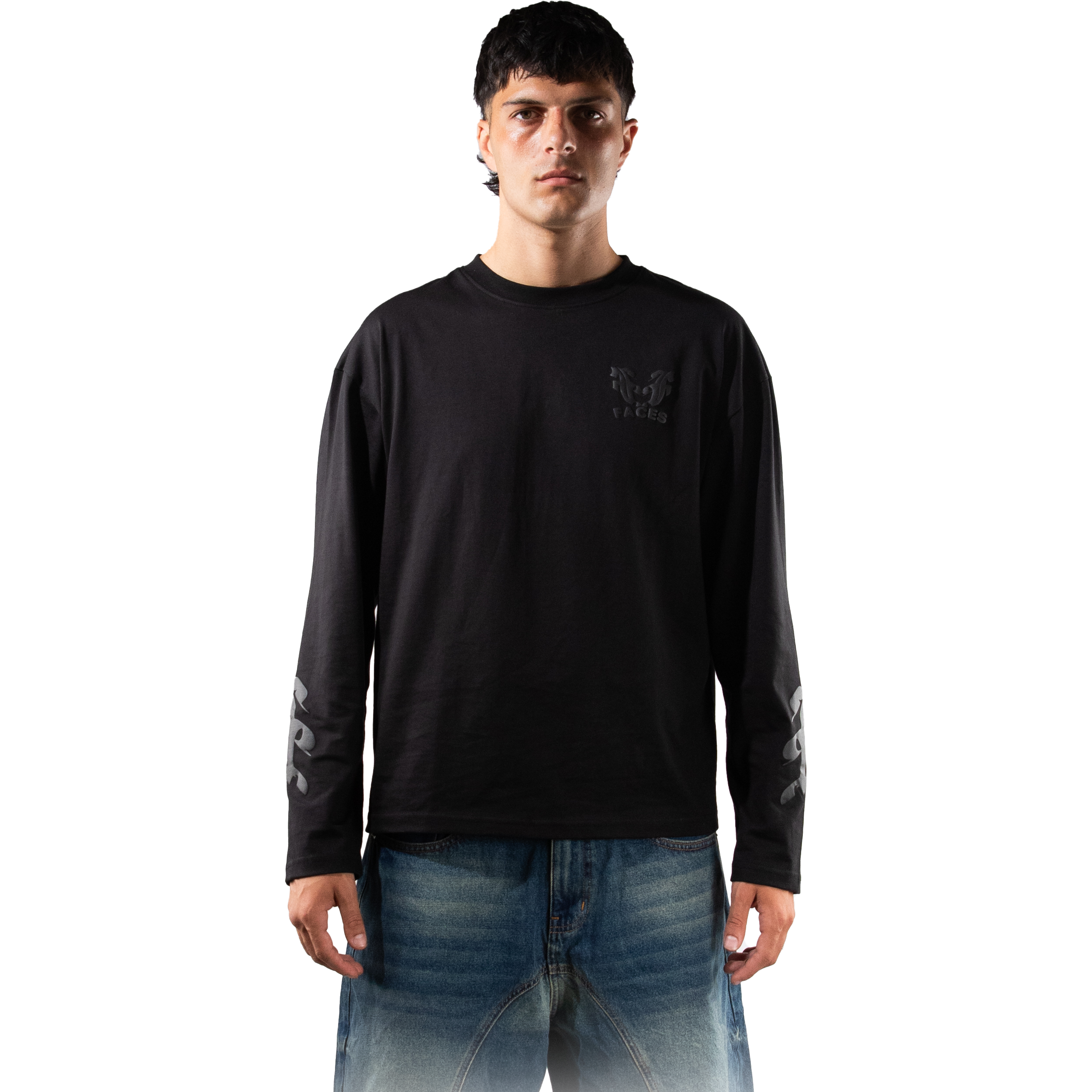 black long sleeve shirt with logo puff print.