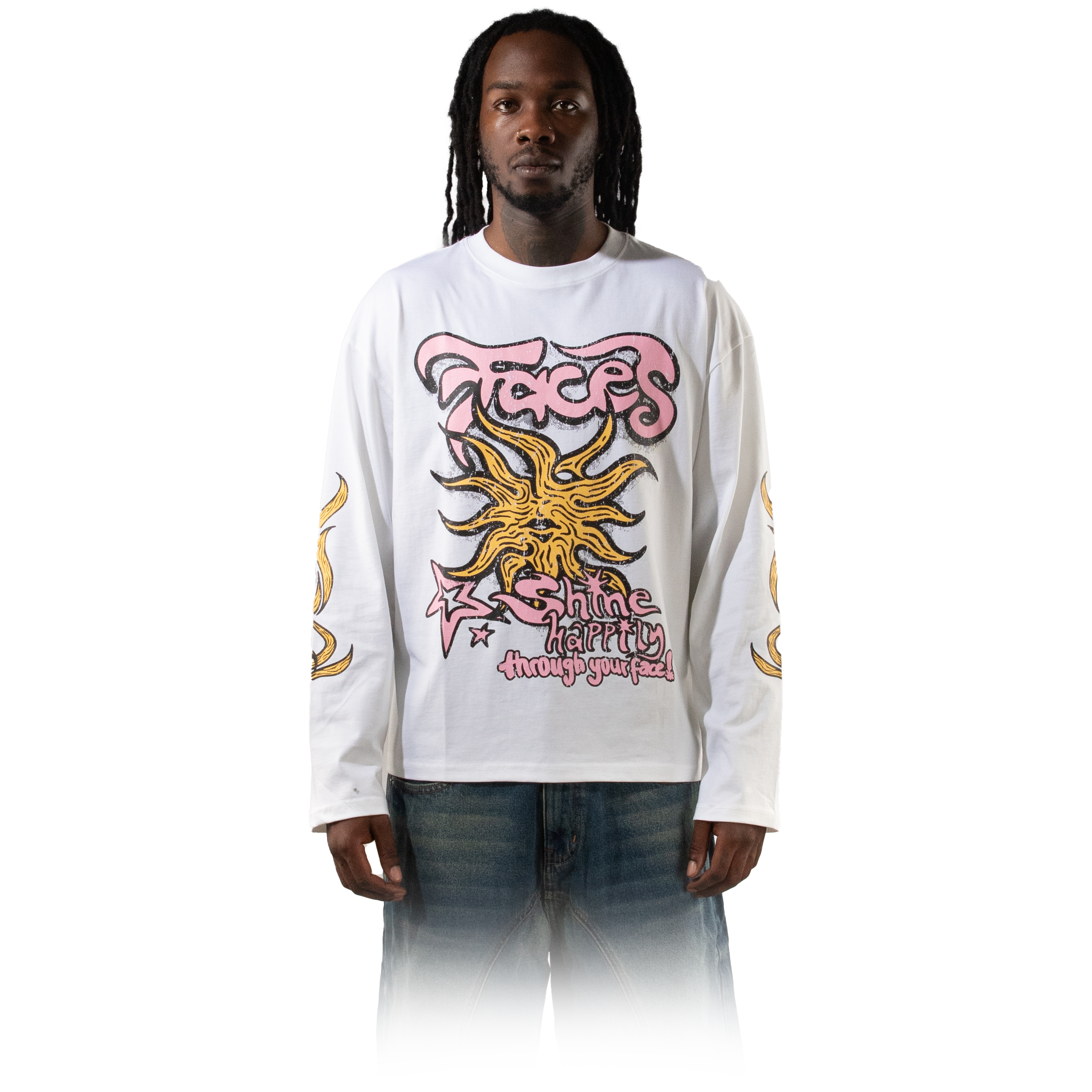 Off White long sleeve shirt with vintage graphic and flame motifs on the sleeves.