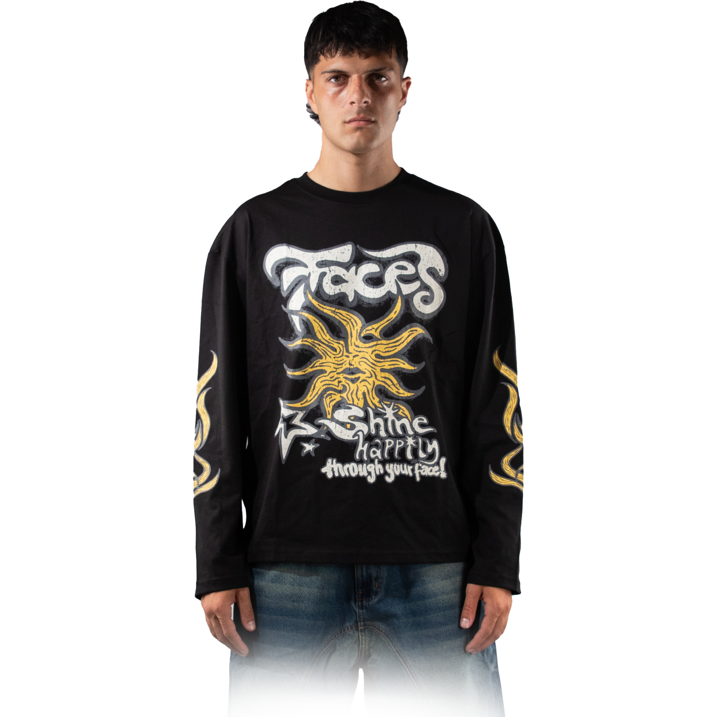 Black long sleeve shirt with vintage graphic and flame motifs on the sleeves.