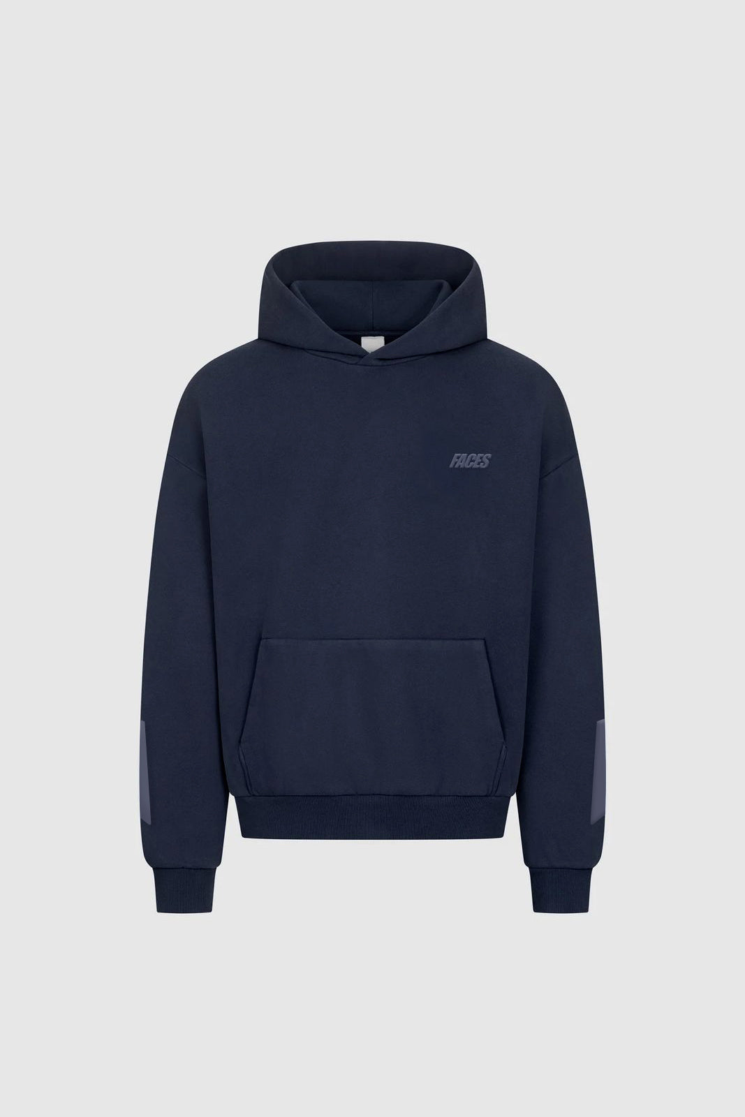 Navy Blue hoodie with subtle FACES logo on chest, oversized fit, front view
