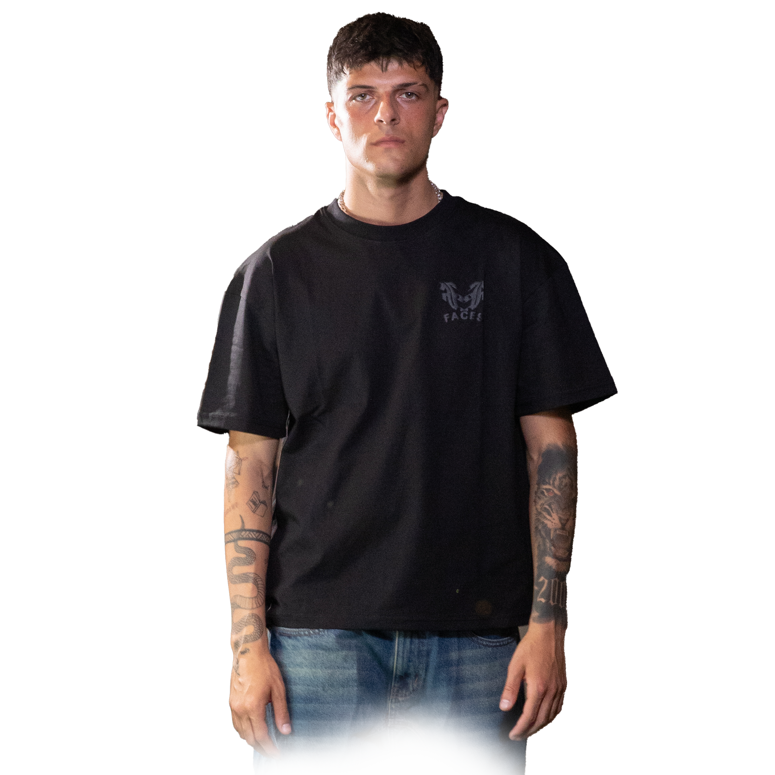 Male model wearing black Regular Fit FACES t-shirt with tonal logo on chest, front view