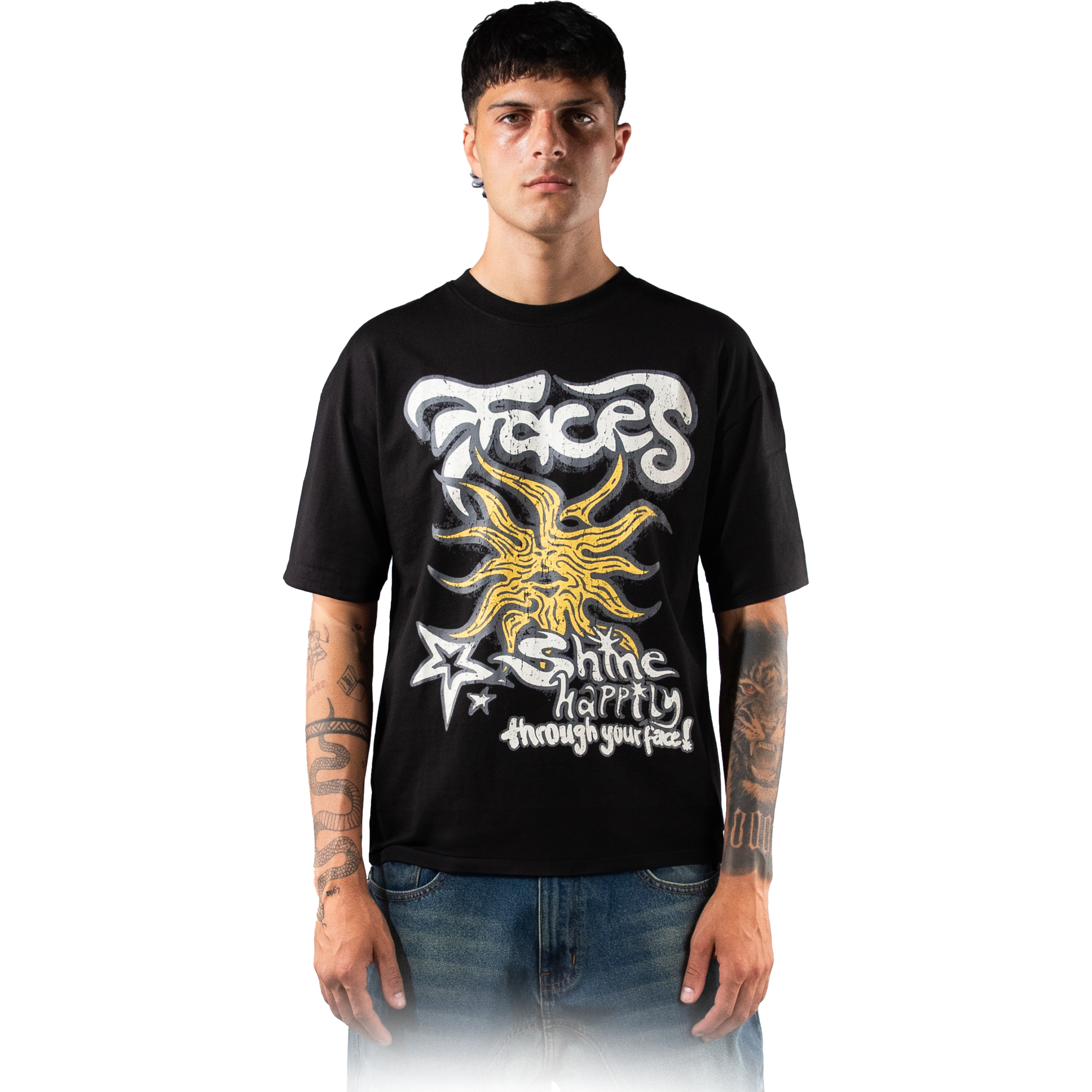 black T-shirt with vintage graphic print.